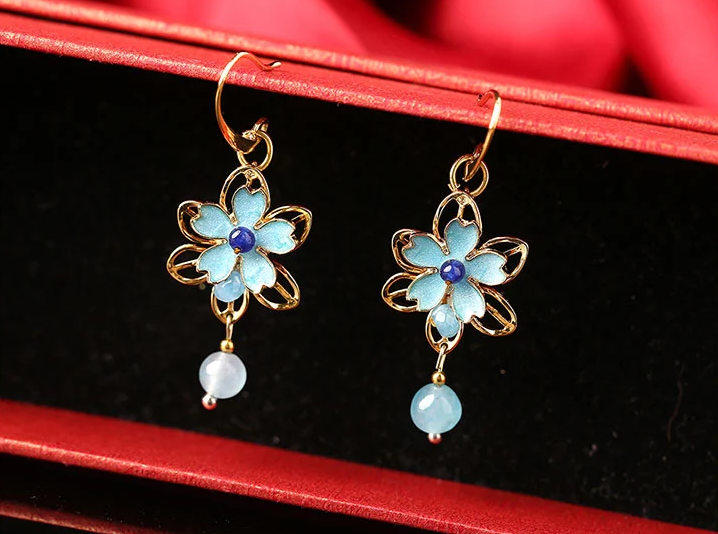 福連文苑景泰藍花朵復(fù)古耳飾氣質(zhì)耳環(huán)