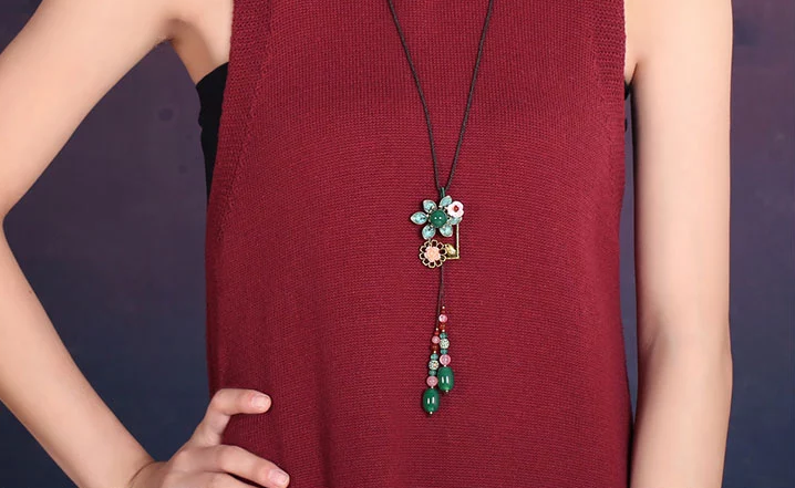 民族風時尚復古花朵吊墜掛飾毛衣鏈項鏈