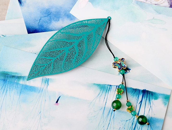 鏤空樹葉福連文苑綠色復(fù)古文藝書簽