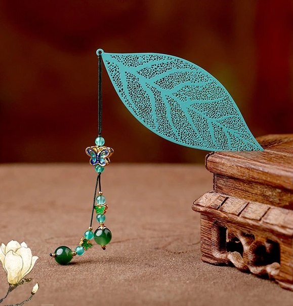 鏤空樹葉福連文苑綠色復(fù)古文藝書簽