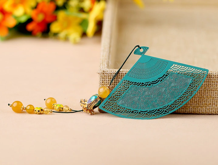 鏤空金屬扇形福連文苑綠色瑪瑙流蘇書簽