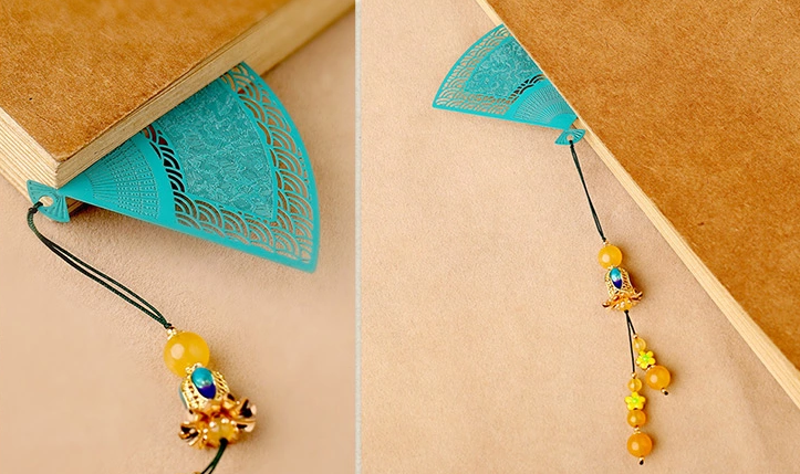 鏤空金屬扇形福連文苑綠色瑪瑙流蘇書簽