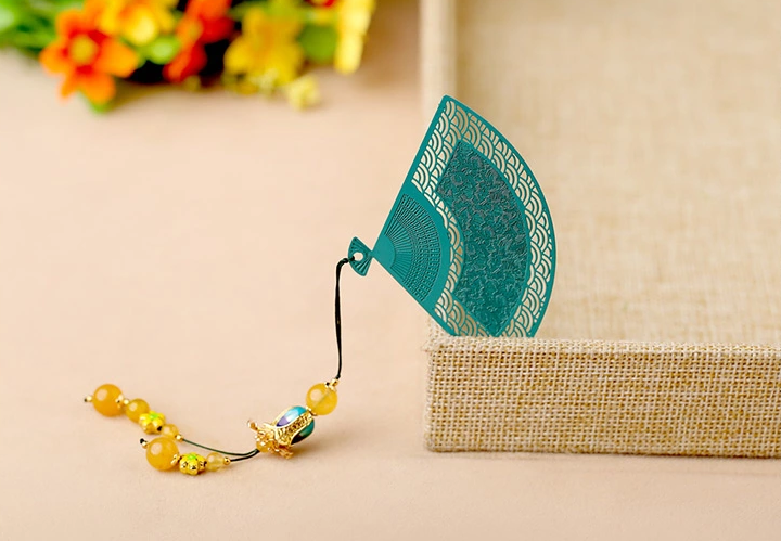 鏤空金屬扇形福連文苑綠色瑪瑙流蘇書簽