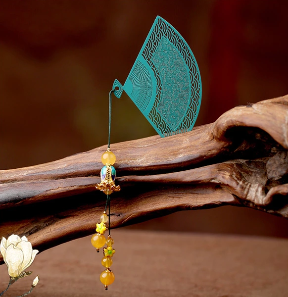 鏤空金屬扇形福連文苑綠色瑪瑙流蘇書簽