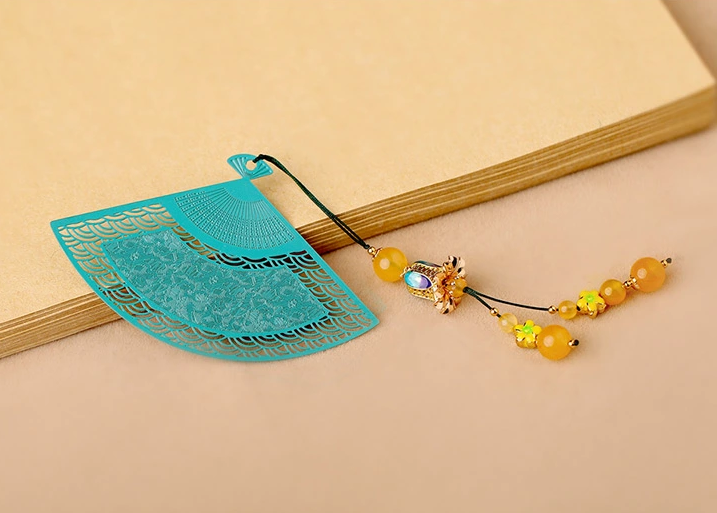 鏤空金屬扇形福連文苑綠色瑪瑙流蘇書簽