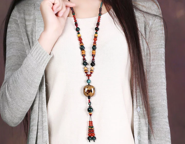 復古陶瓷吊墜民族風項鏈毛衣鏈
