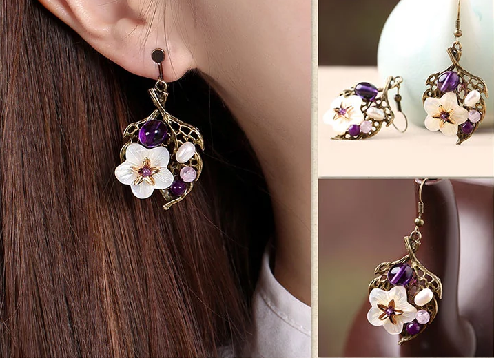 民族風(fēng)復(fù)古樹(shù)葉貝殼花耳墜耳環(huán)