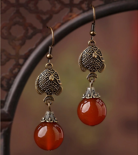 手工魚瑪瑙復古耳環(huán)首飾