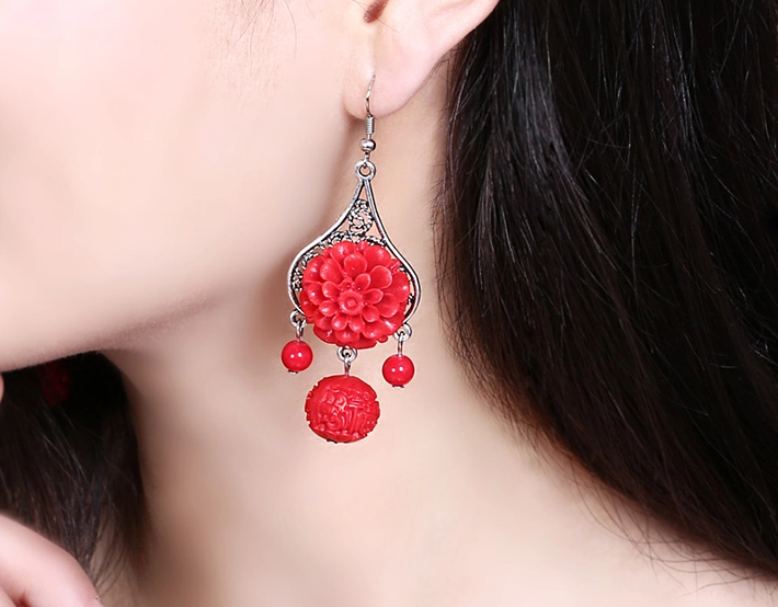 復古紅色花朵新娘耳環(huán)首飾