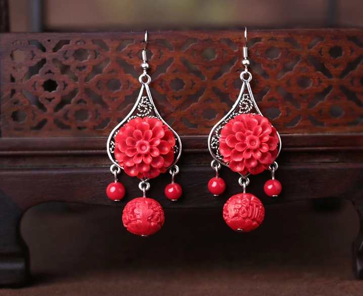 復古紅色花朵新娘耳環(huán)首飾