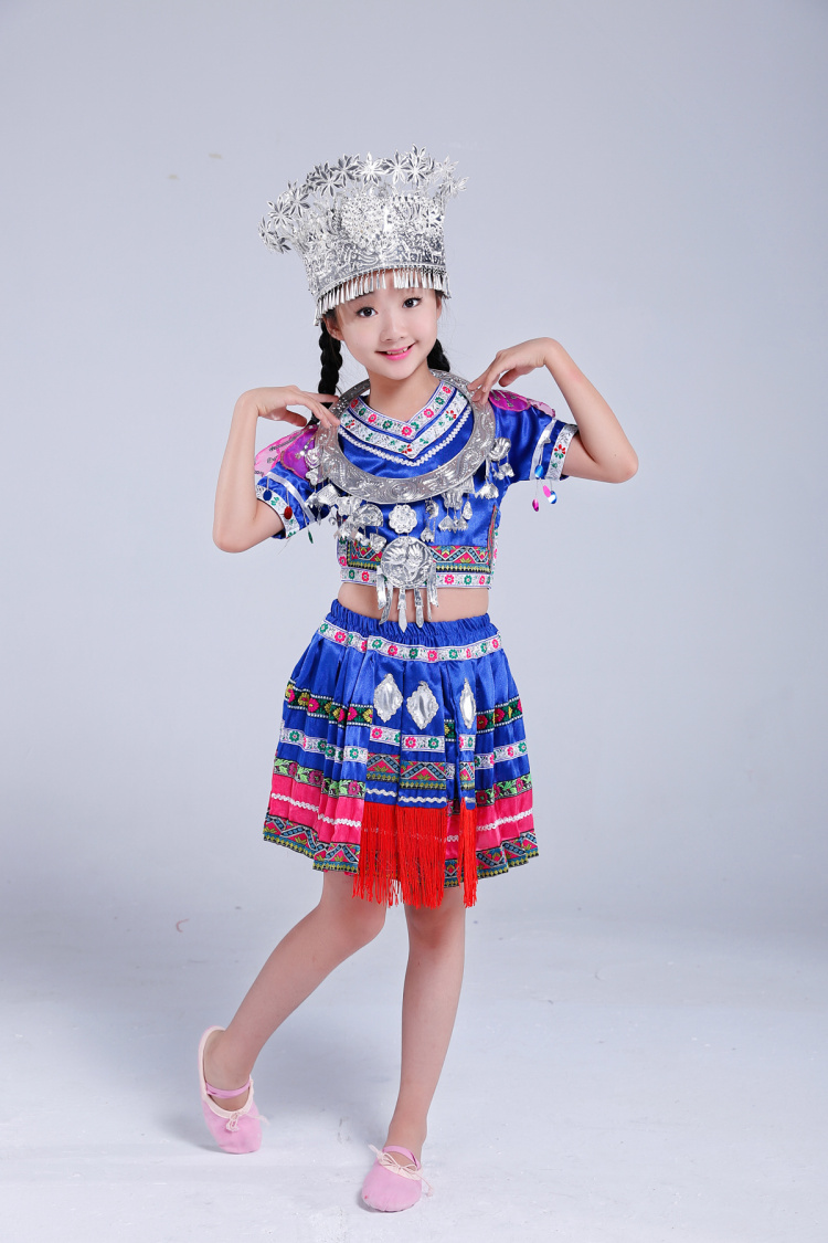 兒童款土家族苗族服飾，百褶裙少數(shù)民族服裝