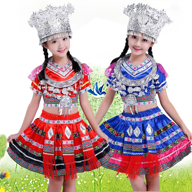 兒童款土家族苗族服飾，百褶裙少數(shù)民族服裝