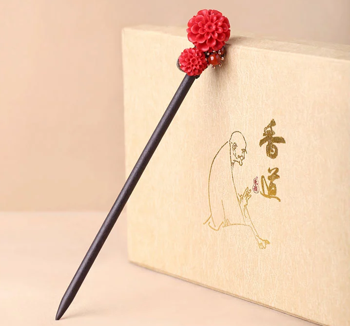 福連文苑漆雕花朵民族風紅色簪子新娘頭飾