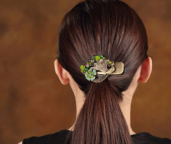 復古風孔雀頭飾古典鴨嘴夾發(fā)夾