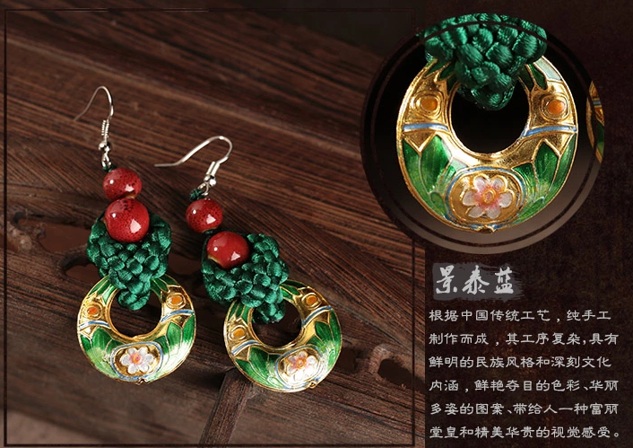 復古風中國結耳環(huán)綠色景泰藍耳墜首飾