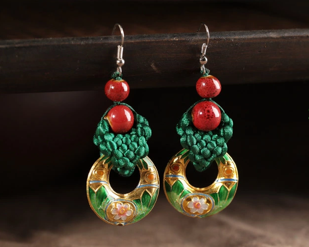 復古風中國結耳環(huán)綠色景泰藍耳墜首飾