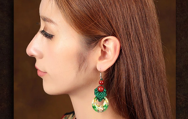 復古風中國結耳環(huán)綠色景泰藍耳墜首飾