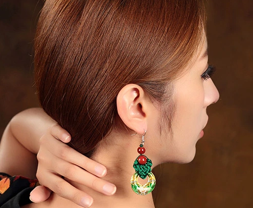 復古風中國結耳環(huán)綠色景泰藍耳墜首飾