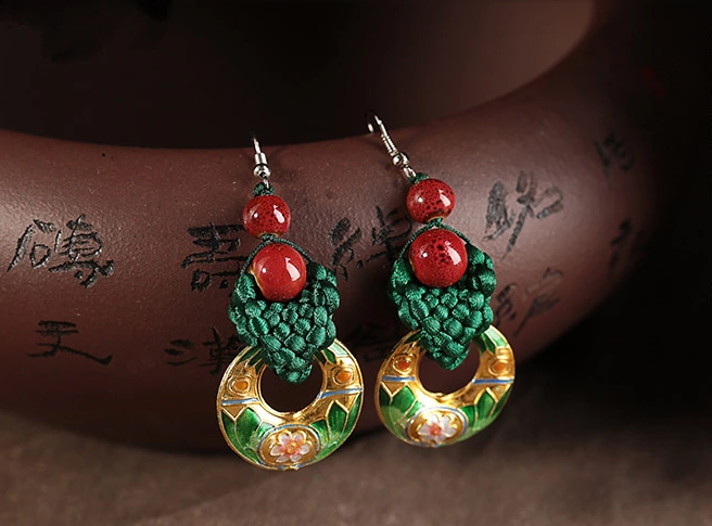 復古風中國結耳環(huán)綠色景泰藍耳墜首飾