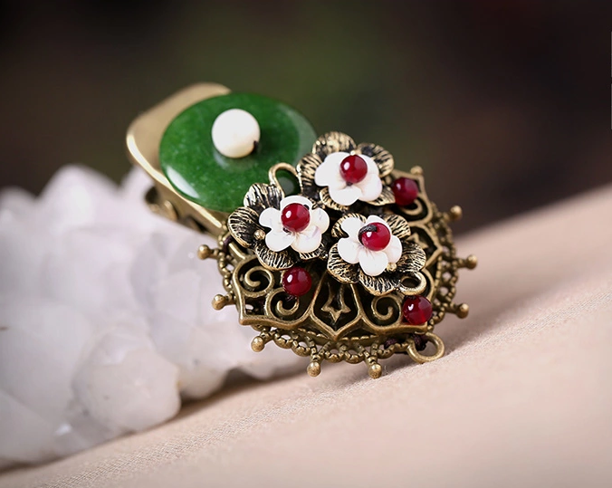 時尚福連文苑頭飾，復(fù)古民族風(fēng)綠彩玉扣發(fā)夾