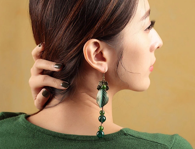 民族風樹葉綠色琉璃耳墜氣質復古耳環(huán)