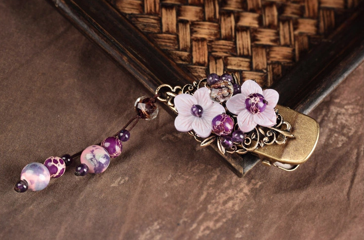 淡紫色貝殼花發(fā)夾，復(fù)古風(fēng)流蘇頭飾