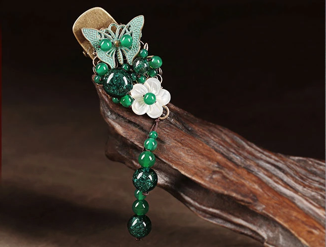 古風(fēng)蝶花林發(fā)夾，琉璃流蘇鴨嘴夾頭飾