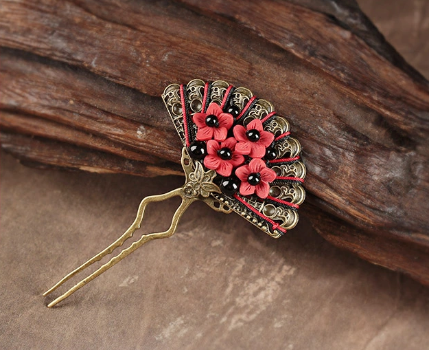 一扇矜紅福連文苑發(fā)釵中式古風簪子頭飾
