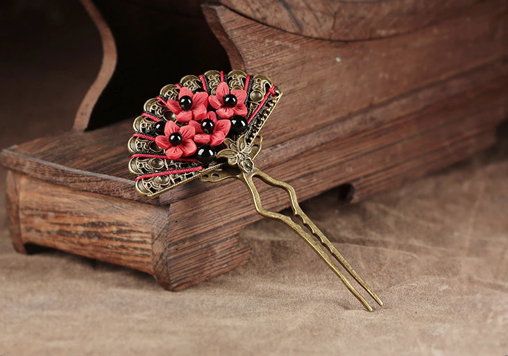 一扇矜紅福連文苑發(fā)釵中式古風簪子頭飾
