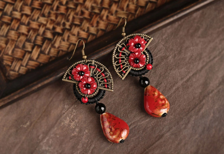 紅花朵陶瓷福連文苑耳環(huán)首飾