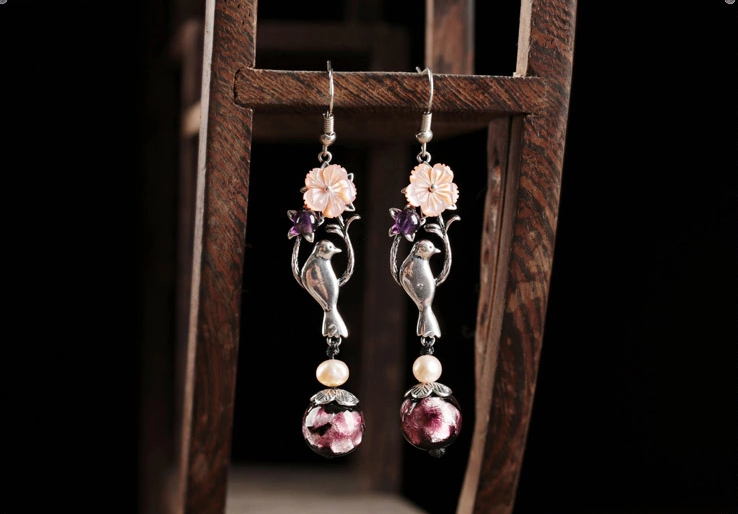 鵲嬈古風貝殼花珍珠耳墜復(fù)古小鳥耳環(huán)首飾