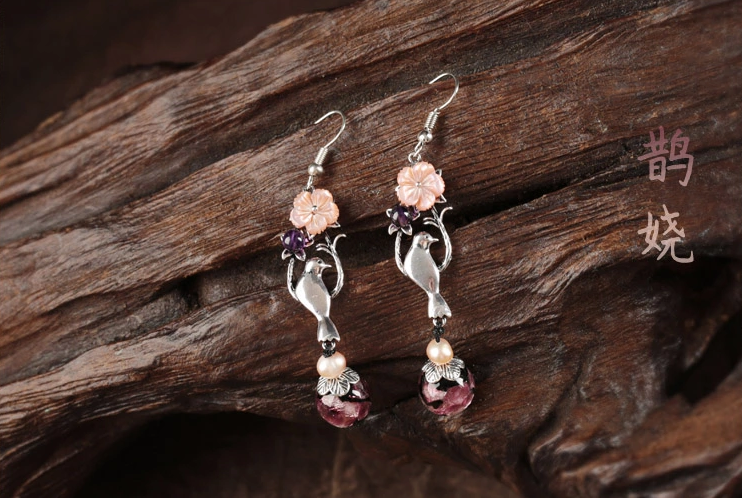 鵲嬈古風貝殼花珍珠耳墜復(fù)古小鳥耳環(huán)首飾