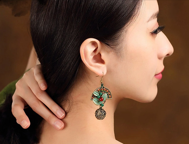 折扇搖復古福連文苑樹葉扇形耳環(huán)首飾