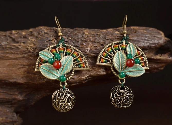 折扇搖復古福連文苑樹葉扇形耳環(huán)首飾