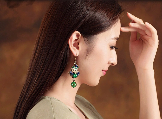 雀織錦屏復古福連文苑綠色孔雀琉璃耳環(huán)首飾