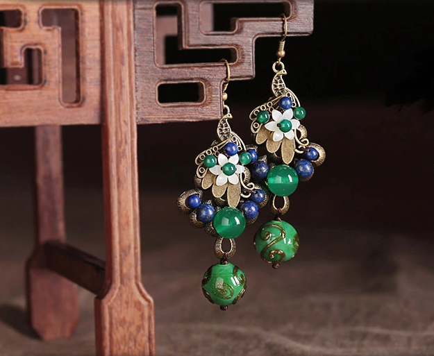 雀織錦屏復古福連文苑綠色孔雀琉璃耳環(huán)首飾