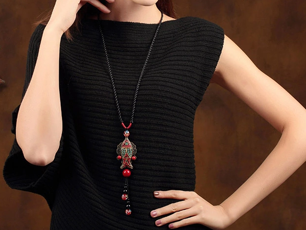 民族風魚吊墜福連文苑毛衣鏈項鏈首飾