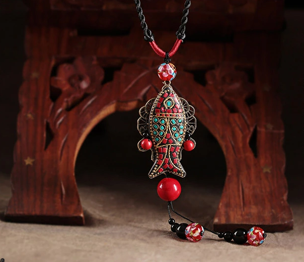 民族風魚吊墜福連文苑毛衣鏈項鏈首飾