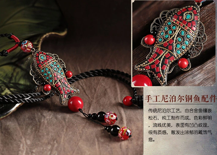 民族風魚吊墜福連文苑毛衣鏈項鏈首飾