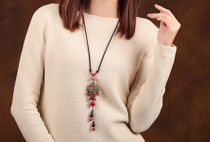 民族風魚吊墜福連文苑毛衣鏈項鏈首飾