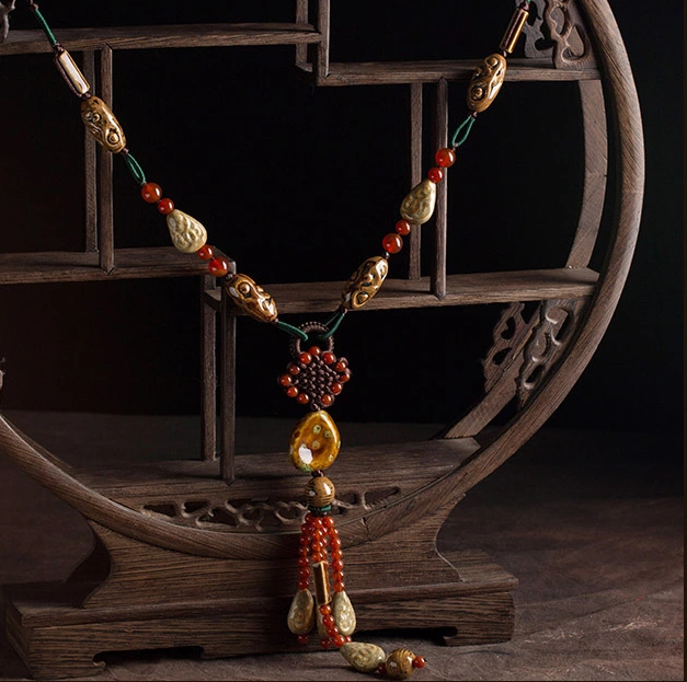 陶瓷紅瑪瑙民族風毛衣鏈長款項鏈首飾