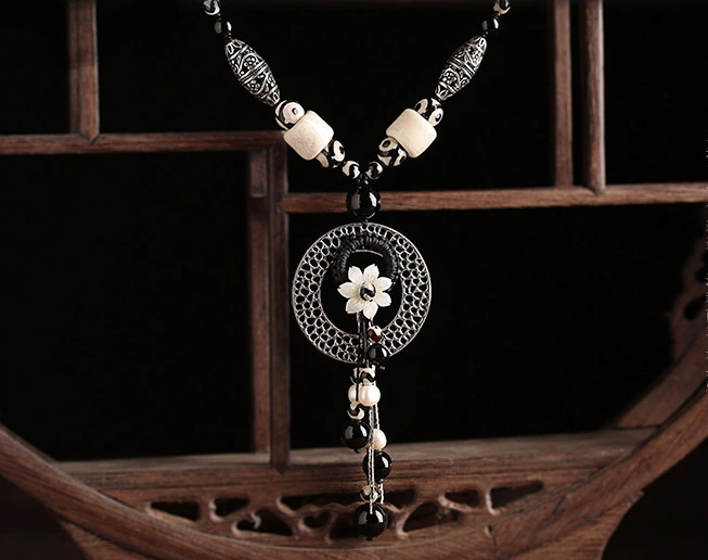 天珠貝殼花裝飾復(fù)古毛衣鏈長款項鏈首飾