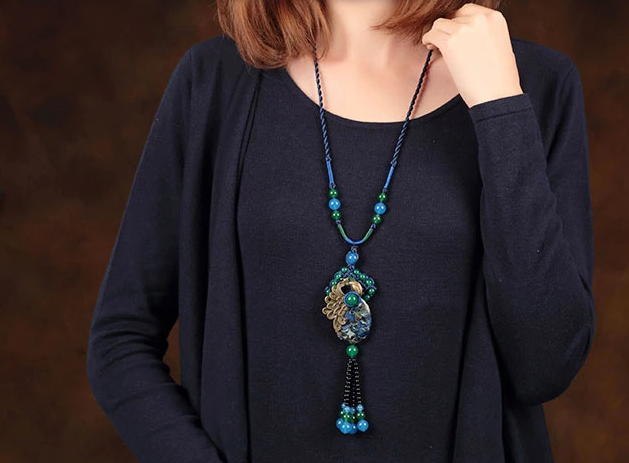 孔雀藍瑪瑙石頭吊墜毛衣鏈項鏈首飾