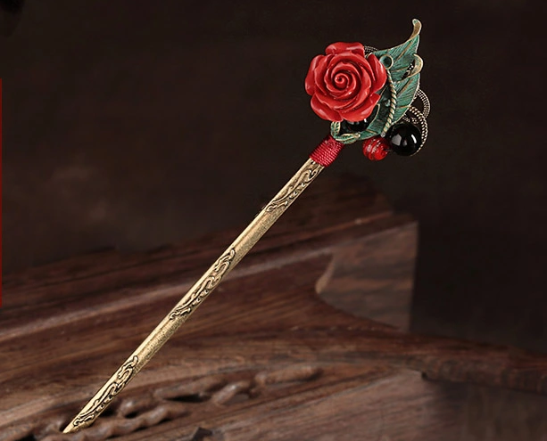 時(shí)尚手工朱砂玫瑰發(fā)簪簪子盤發(fā)頭飾