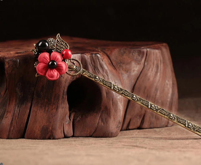 福連文苑紅色花朵簪子清新頭飾