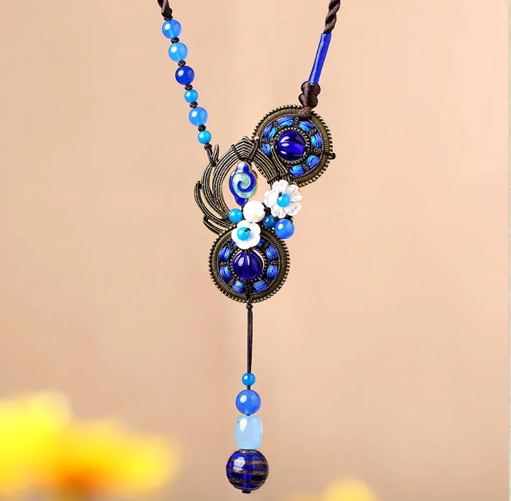 復(fù)古瑪瑙項鏈藍(lán)色毛衣鏈文藝首飾