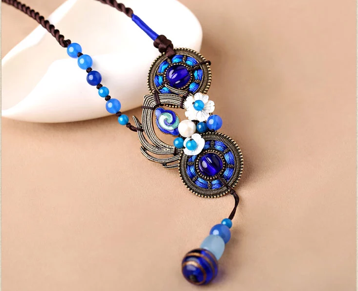 復(fù)古瑪瑙項鏈藍(lán)色毛衣鏈文藝首飾