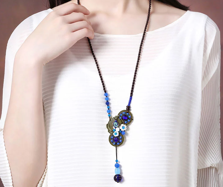 復(fù)古瑪瑙項鏈藍(lán)色毛衣鏈文藝首飾