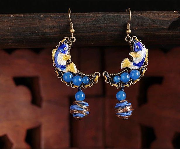 福連文苑古典耳環(huán)，景泰藍魚耳墜首飾