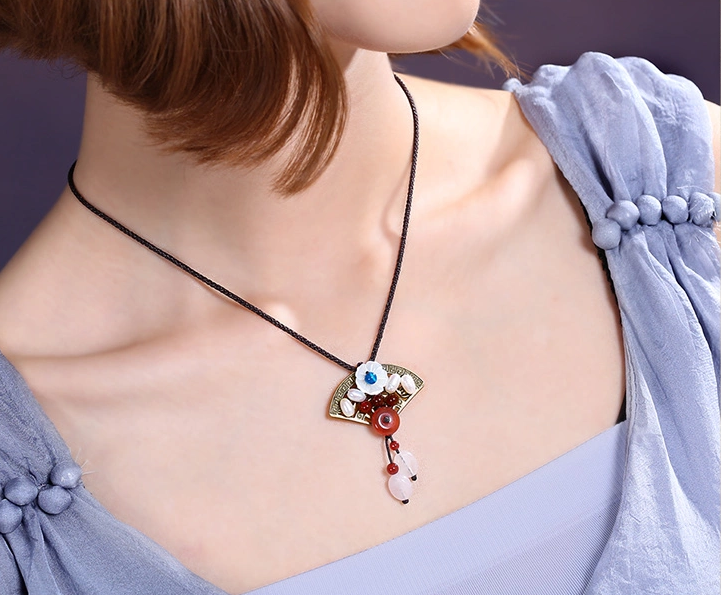 扇形吊墜鎖骨鏈珍珠項鏈復古首飾